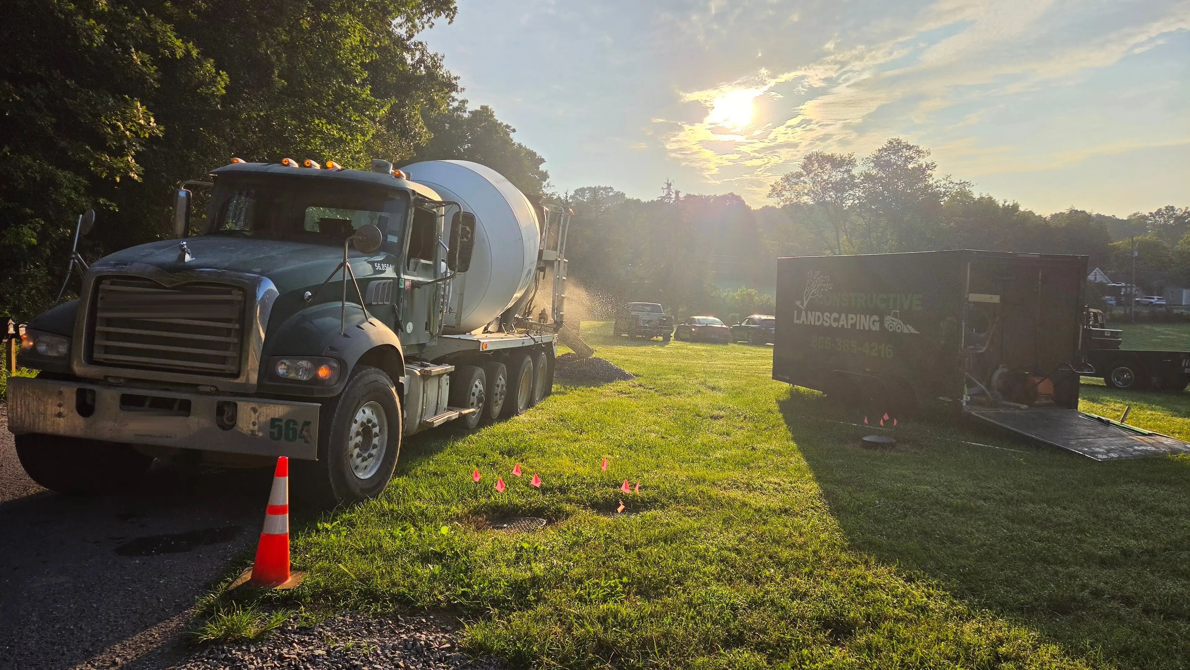 Concrete mixer truck at a Constructive Landscaping job site