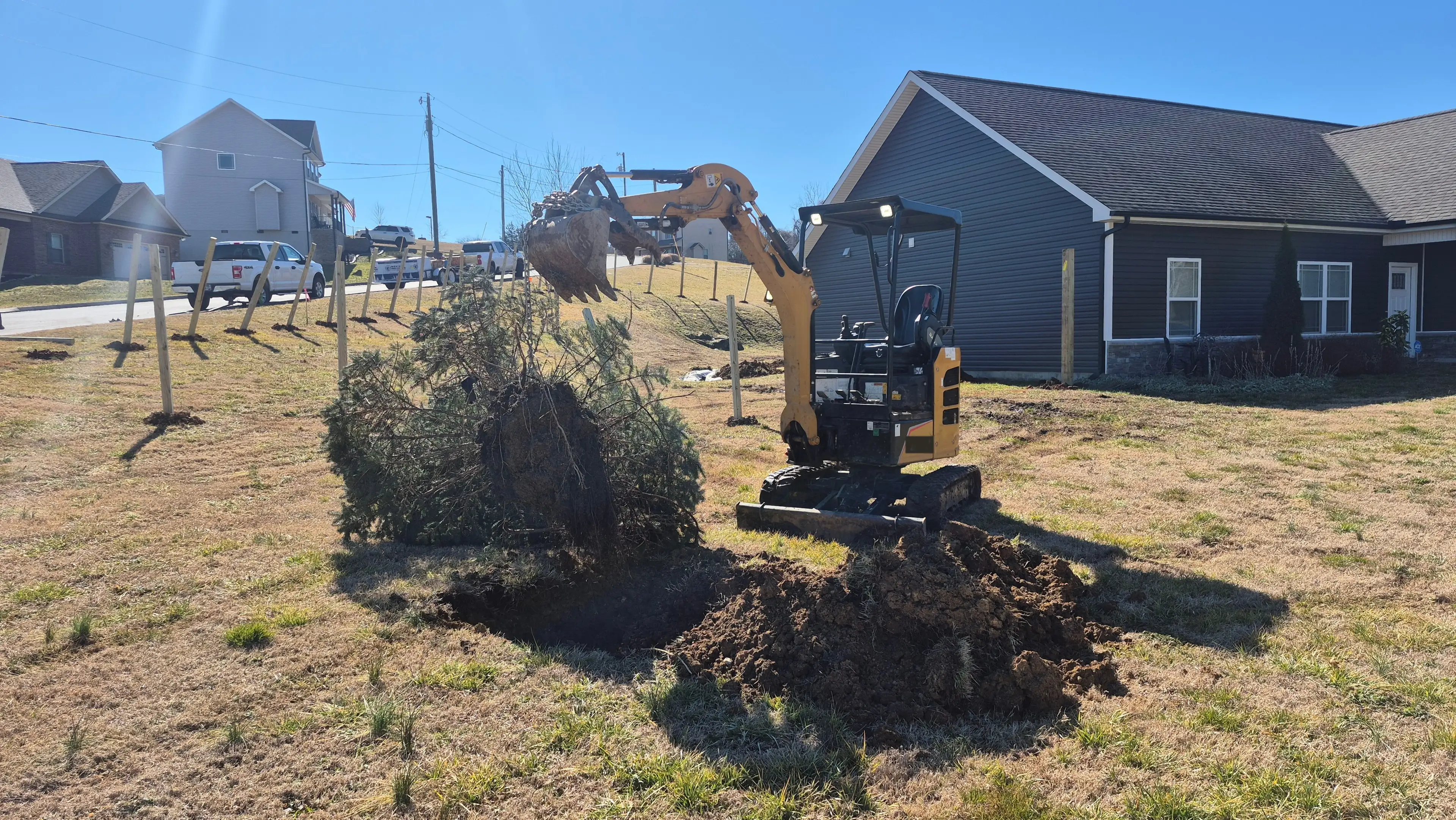 Mini excavator removing shrubs for new landscaping installation